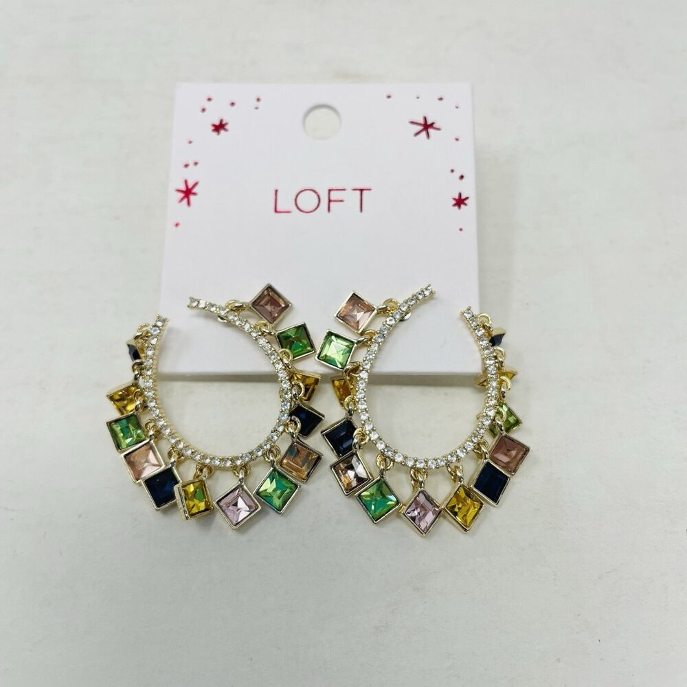 Ann Taylor LOFT Colorful Mixed Stone Open U Shaped Hoop Earrings Gold Tone $29‎
